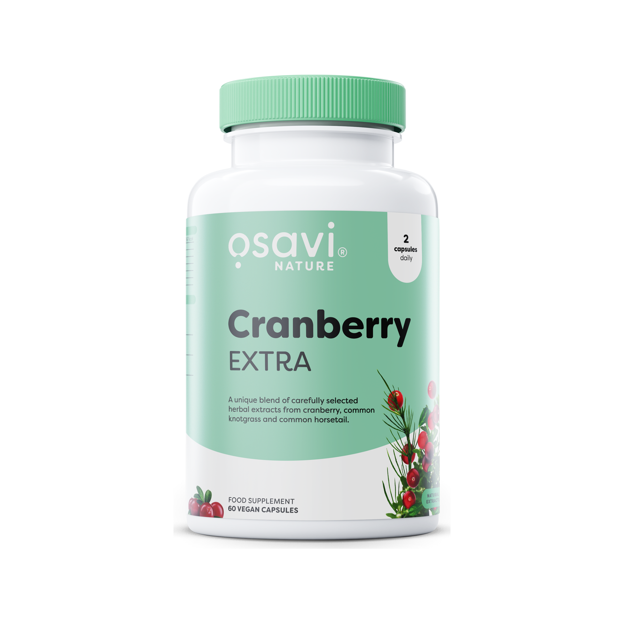 Osavi Cranberry EXTRA kapseltillskott i vit burk med grön etikett