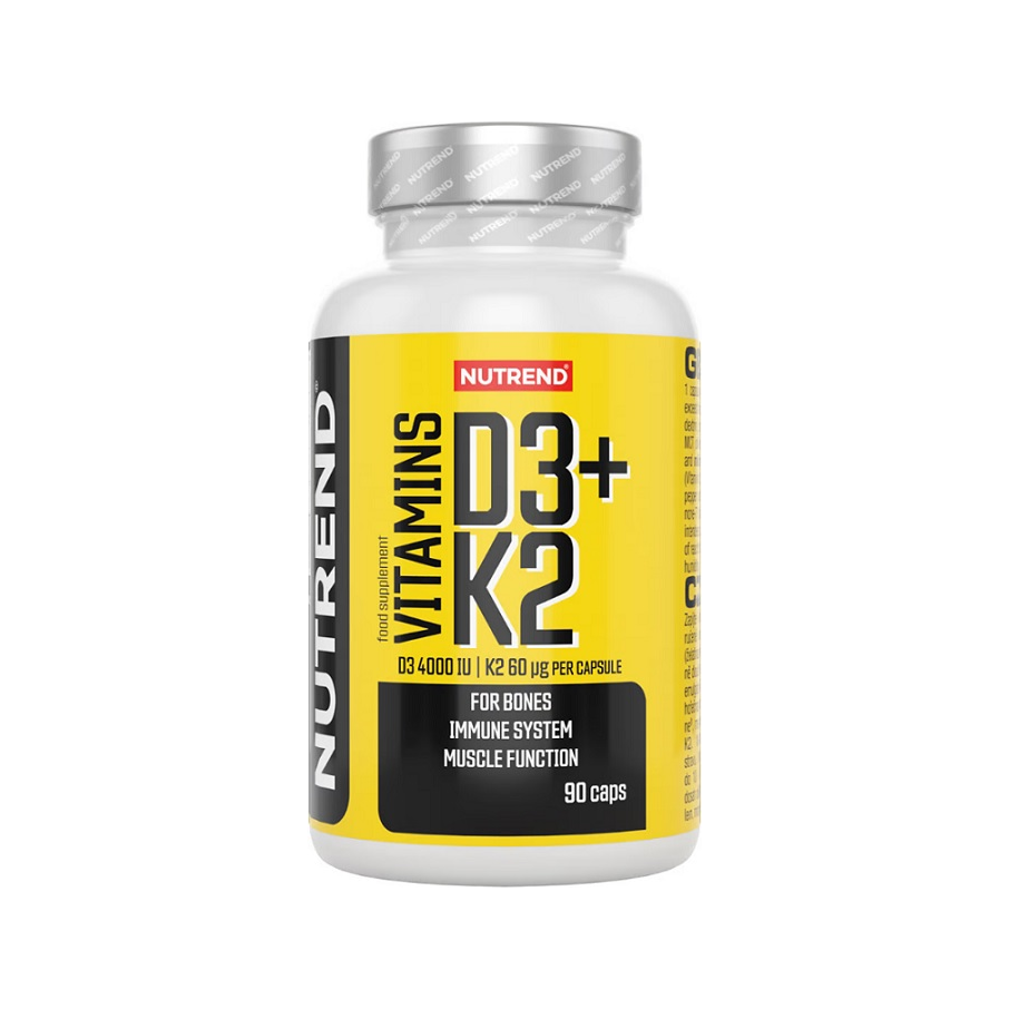 Vitamintillskottflaska Nutrend D3+K2 med gul och svart etikett, 90 kapslar