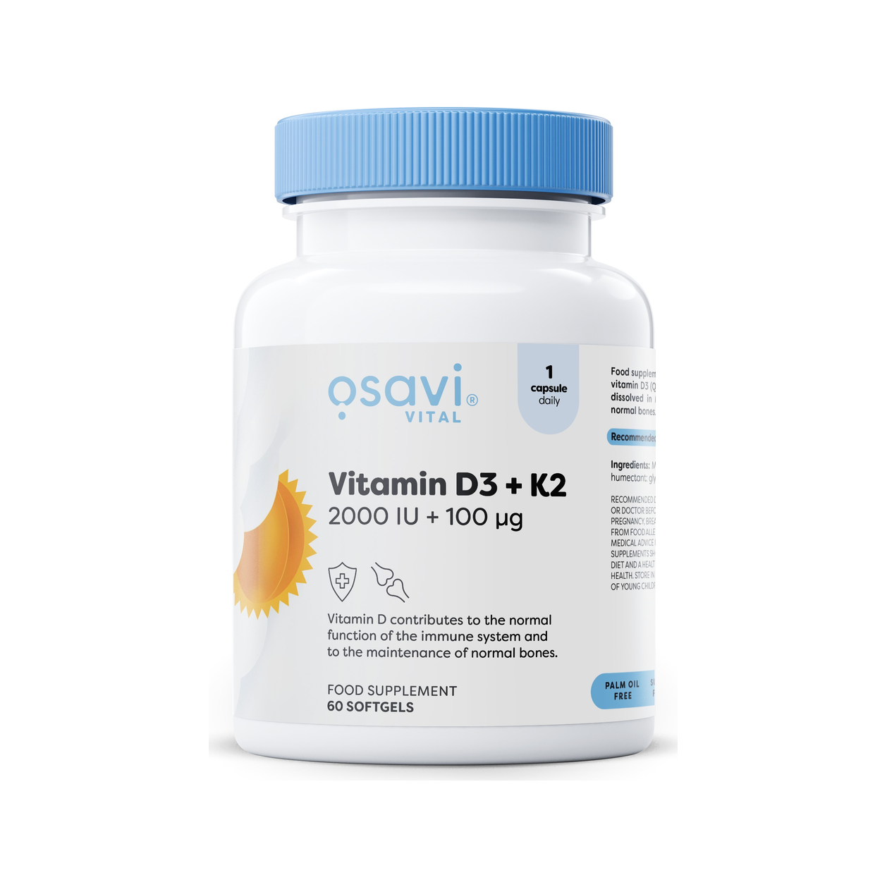 Osavi Vital Vitamin D3 + K2 kapselburk med blå skruvlock, 60 kapslar
