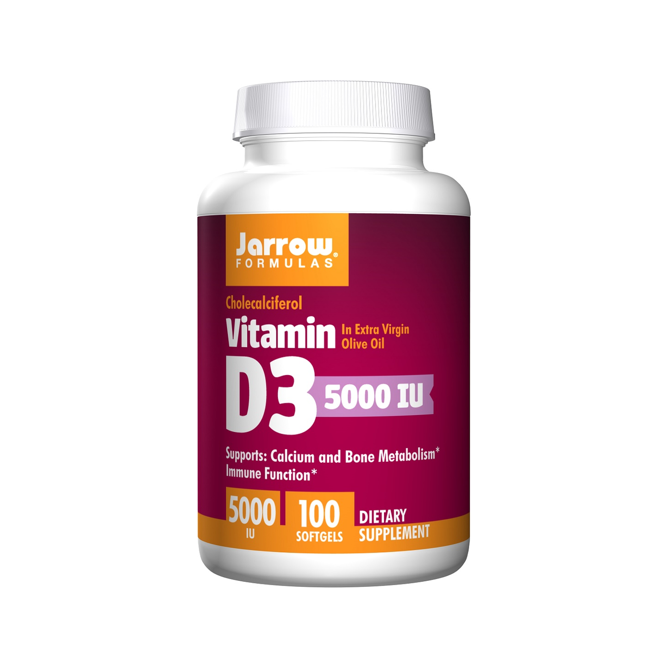 Jarrow Formulas Vitamin D3 kapselburk med lila etikett och vit skruvlock