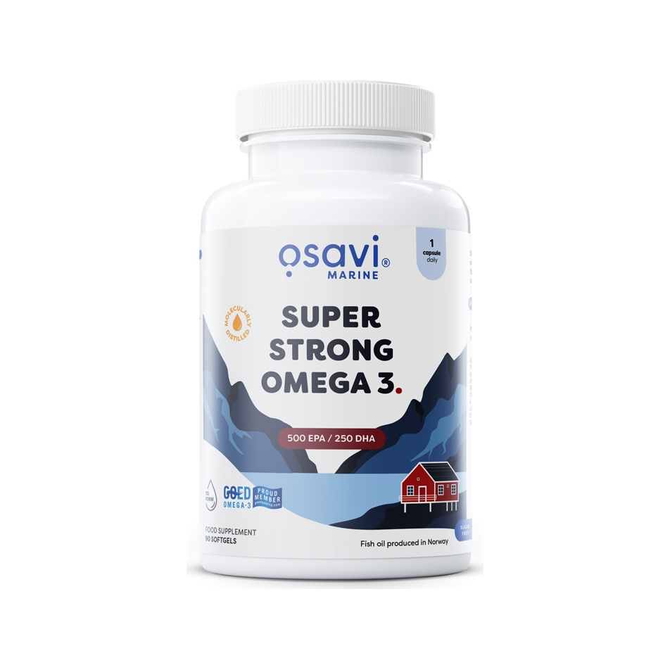 Osavi Omega 3-kapslar i vit plastburk med vit skruvkåpa och blå etikett