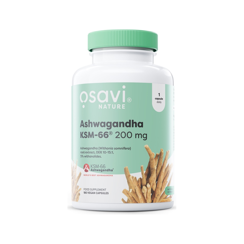 Osavi Ashwagandha KSM-66 kapslar i vit burk med grön skruvlock