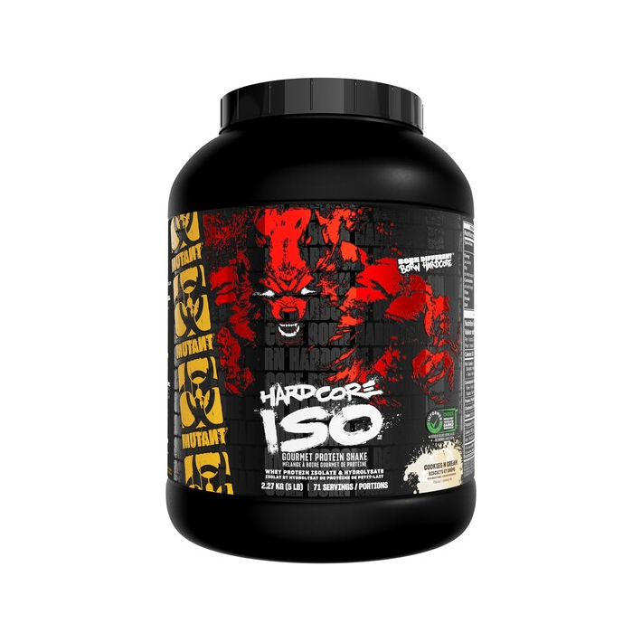 Protein-shakeburk i svart med röd/svart etikett och gul färgkod på baksidan