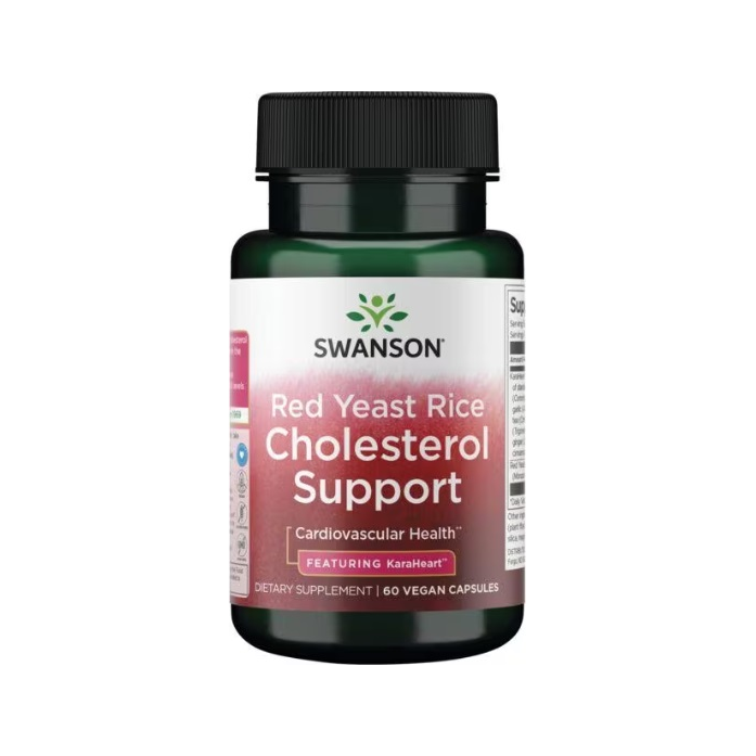 Kapseltillskott i mörk flaska med SWANSON-etikett: Red Yeast Rice Cholesterol Support