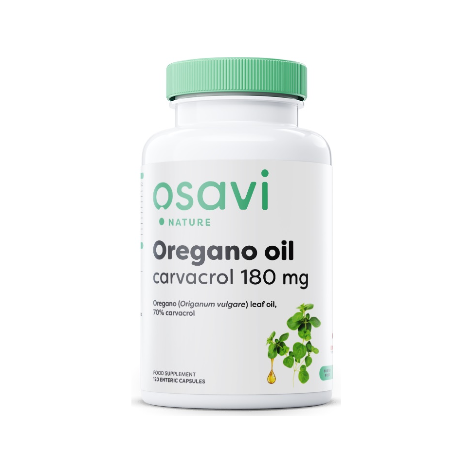 Osavi oreganoolja carvacrol 180 mg kapslar, vit burk med grönt lock
