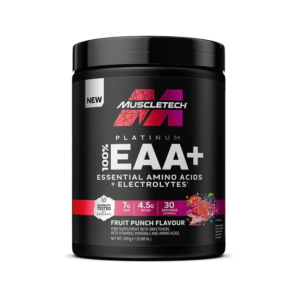 EAA+-tillskott i svart burk med Fruit Punch-smak