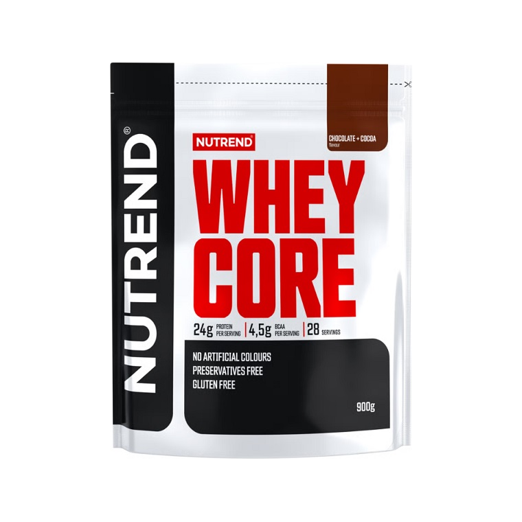 Proteinpulverpåse med Nutrend Whey Core, choklad- och kakaosmak, 900 g
