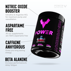 Power Nutrition svart POWER-burk med lila logga och ingredienspunkter.