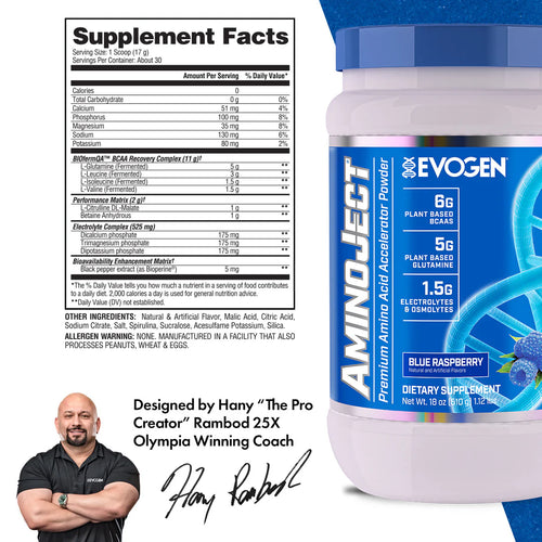 Aminojekt BCAA 486 g, vit burk med Supplement Facts-panel och näringsinfo