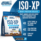 Applied Nutrition ISO-XP proteinisolat, blå baksida med choco peanut-smak
