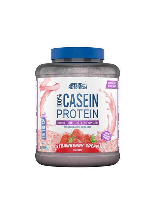 Applied Nutrition kaseintillskott i burk, smak Strawberry Cream, blått lock