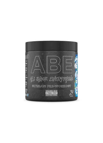 ABE pre-workout-burk med svart etikett, logotyp och 30 portioner