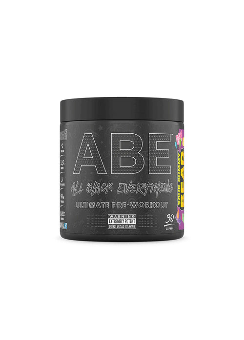 ABE pre-workout-burk med svart framsidaetikett och färgdetaljer i kanten