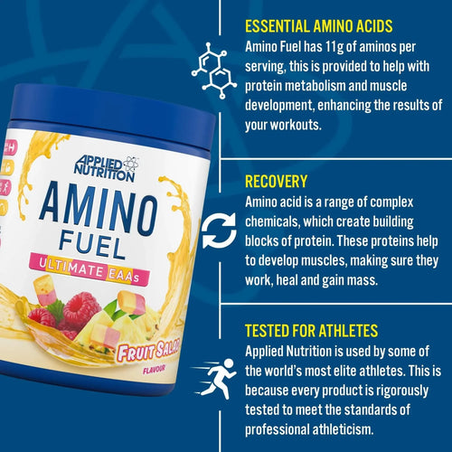 Applied Nutrition Amino Fuel-burk med Frukt Salad-etikett och informationspanel