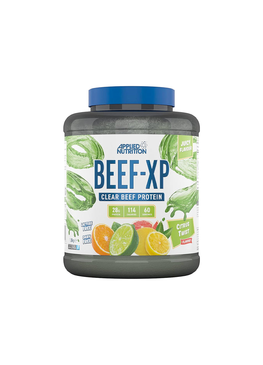 Beef-XP proteinpulverburk med blå lock, citrus twist-smak