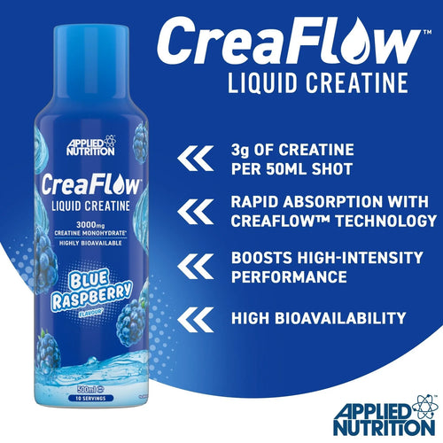 Blå CreaFlow flytande kreatinflaska med Blue Raspberry-smak