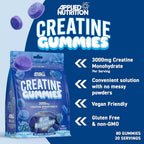 Creatine Gummies-förpackning med blå hallon, 3000 mg kreatin, 80 gummies