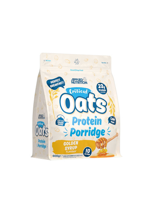 Påse med Critical Oats proteinhavregröt, gyllene sirapssmak.