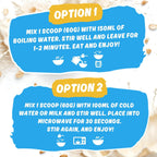 Instruktionsbild för Critical Oats proteinhavregröt: blanda med vatten eller mjölk.