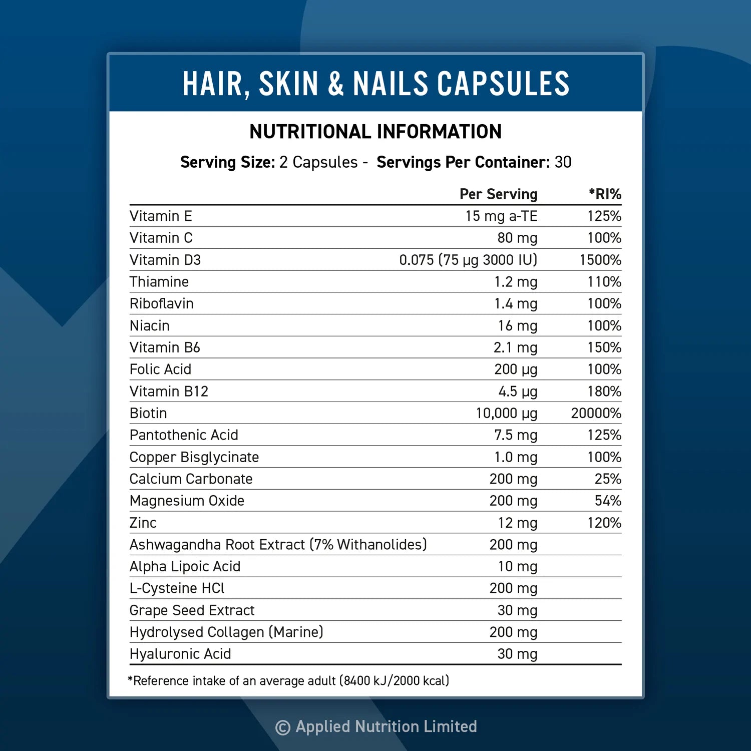 Applied Nutrition Hair, Skin & Nails 60 Kapslar innehåll