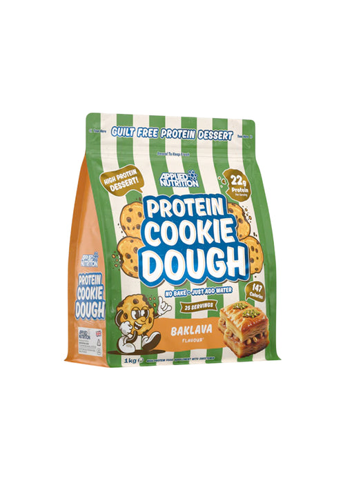 Protein cookie dough-dessertpåse, baklava-smak, Applied Nutrition, grön/orange påse.