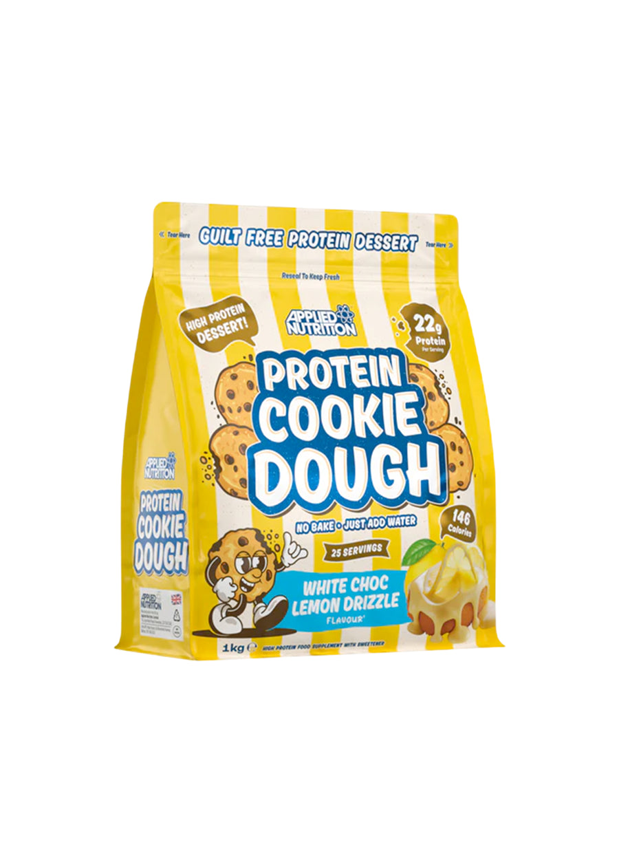 Protein cookie dough-dessertpåse, white choco lemon drizzle, Applied Nutrition, gul påse.