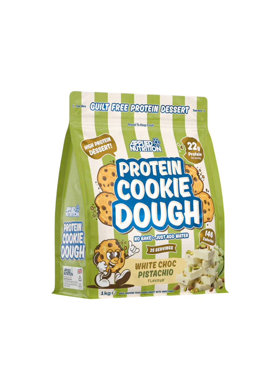Protein cookie dough-dessertpåse, white choc pistachio, Applied Nutrition, grön påse.