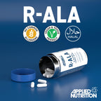Kapselburk Applied Nutrition R-Ala liggande med kapslar och blått lock