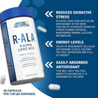 Kapselburk Applied Nutrition R-Ala med blått lock och R-ALA-etikett