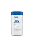 Applied Nutrition Shilajit-kapslar i vit behållare med blå lock, etikett med Himalayan Health