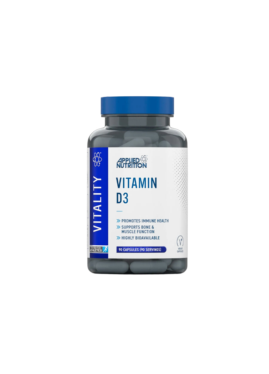 Applied Nutrition Vitamin D3 tillskott i blå kapsylflaska med etikett