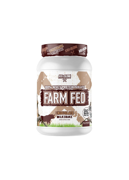 Axe & Sledge Farm Fed vassleproteinisolat i burk med Chocolate Milkshake-etikett, rött lock