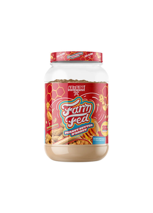 Axe & Sledge Farm Fed vassleproteinisolat i burk med rött lock och beige innehåll
