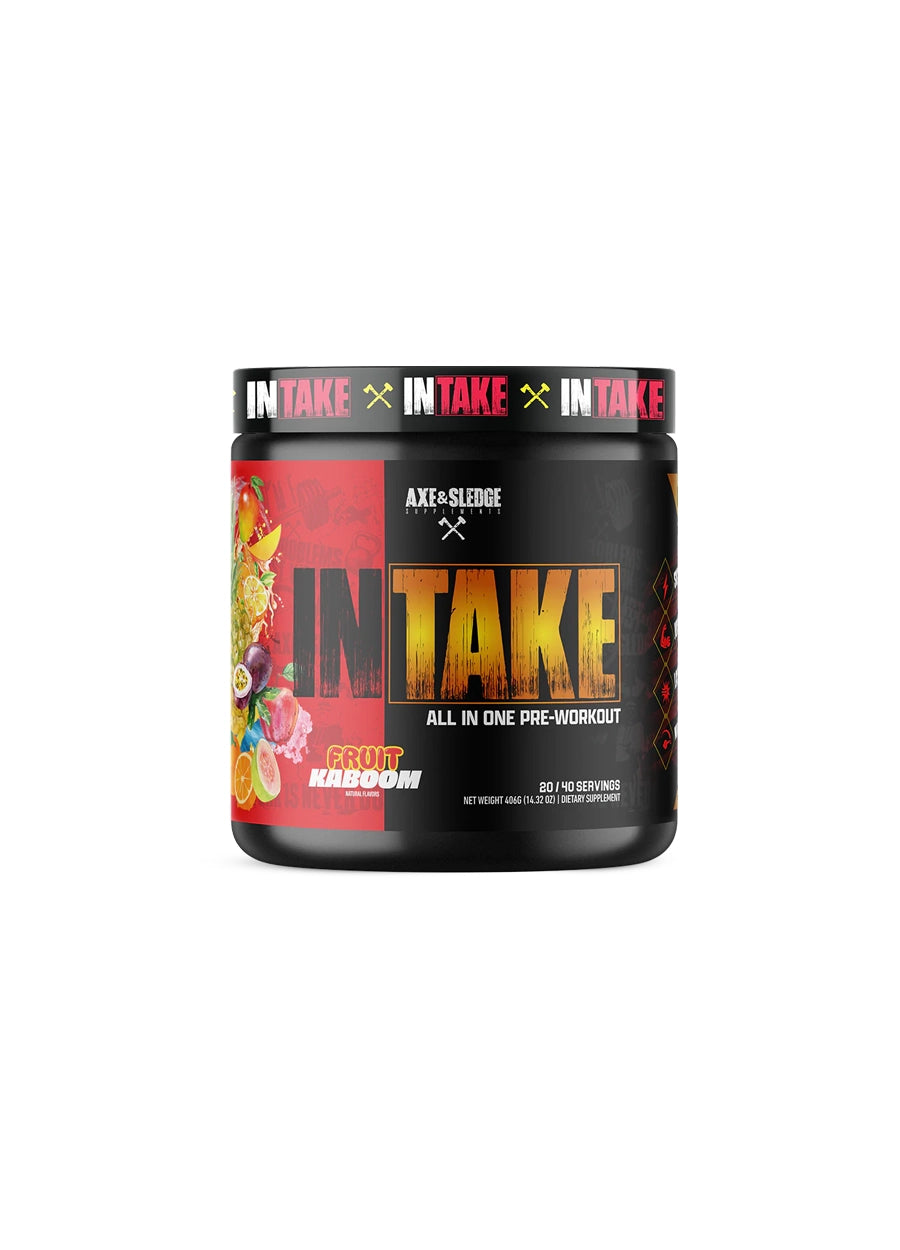 Axe & Sledge IntAke pre-workout-burk med röd och svart etikett