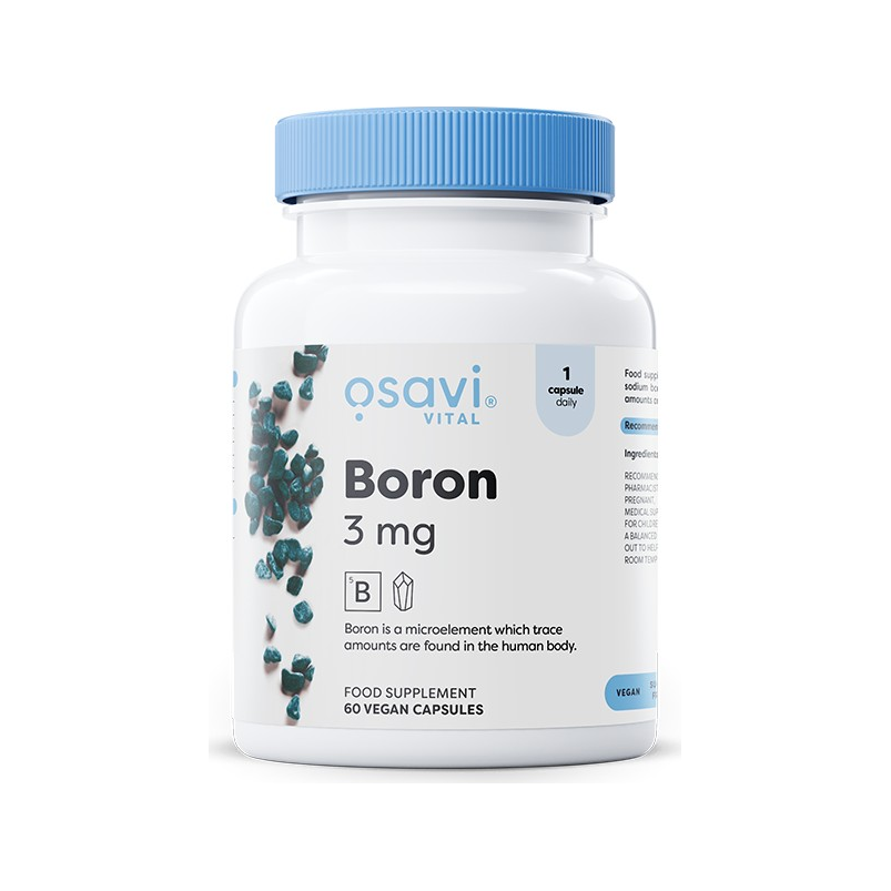 Kapselburk med Boron 3 mg, vit flaska och blå lock, 60 vegan kapslar