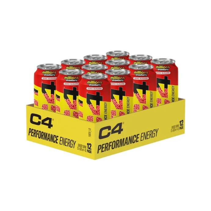 C4 Performance Energy energidryck, 12-pack i röda burkar, strawberry-smak