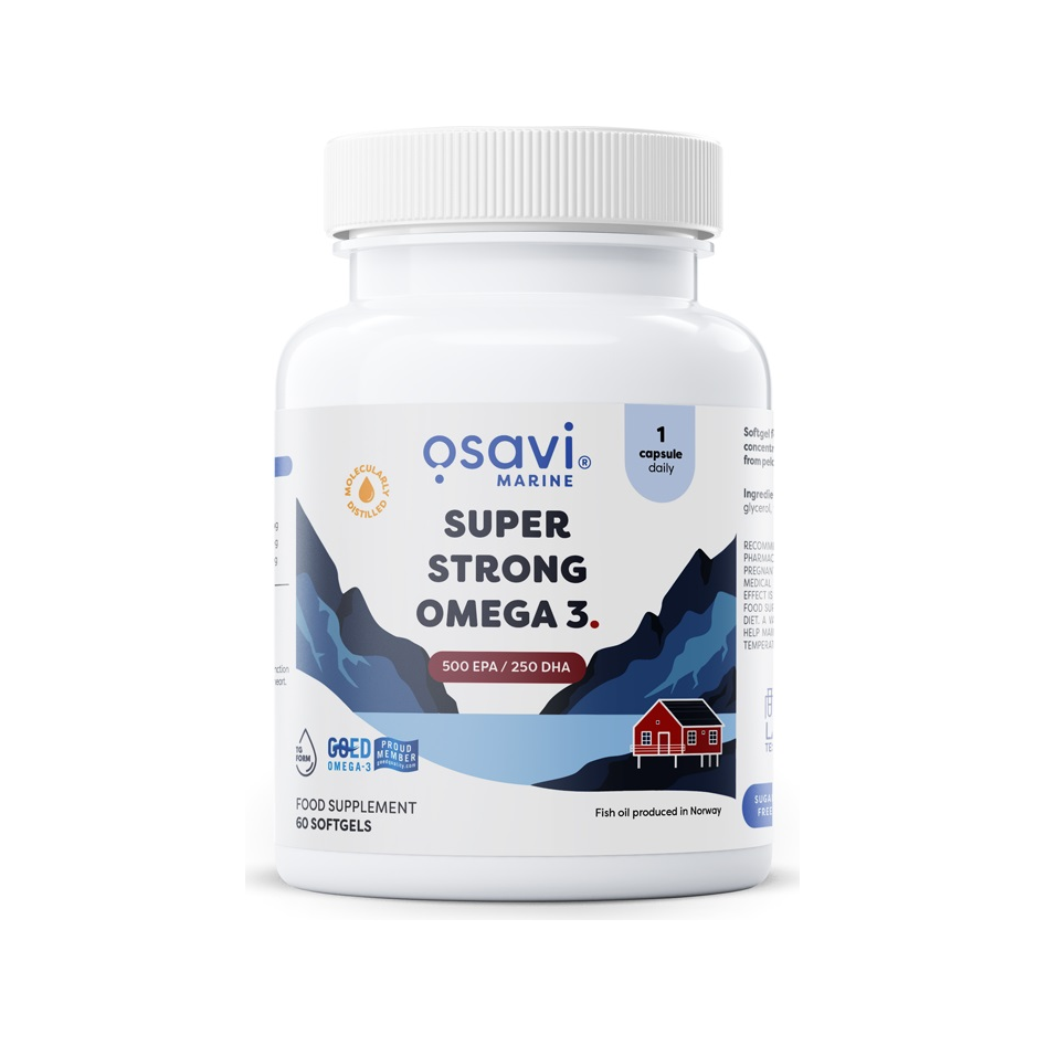 Osavi Omega 3-kapslar i vit burk med blå etikett och skruvlock.