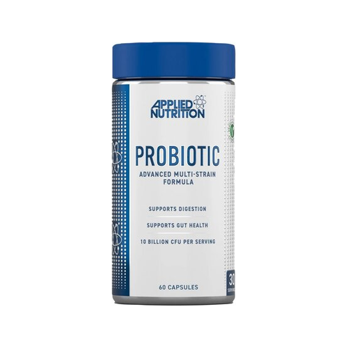 Applied Nutrition probiotikatillskott i kapslar, burk med blå lock och etikett