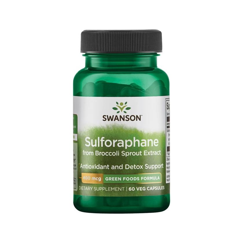 Kapseltillskott i grön flaska: Swanson Sulforaphane 400 mcg, 60 kapslar.