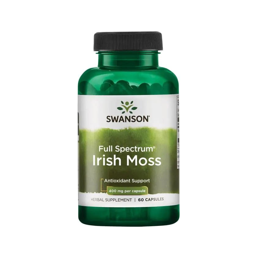 Tillskottflaska med grönt lock och SWANSON-etikett för Irish Moss, 60 kapslar