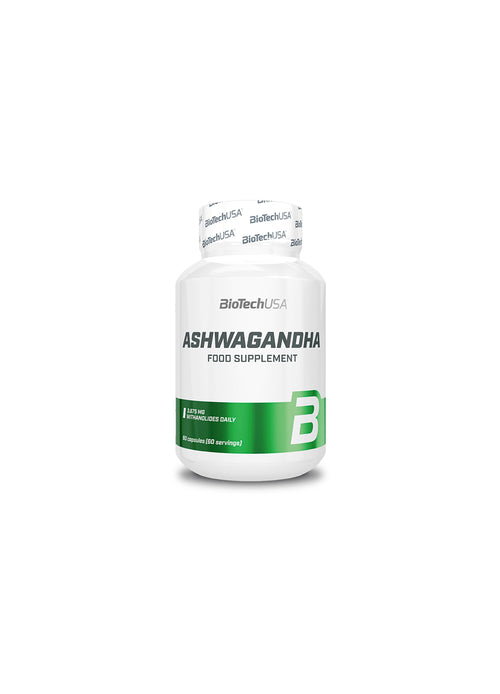 BioTechUSA Ashwagandha kapselburk, vit burk med grön etikett