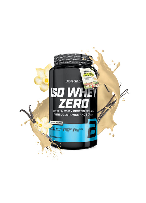 Proteinpulver i svart burk, Iso Whey Zero, vaniljsmak med gräddstänk