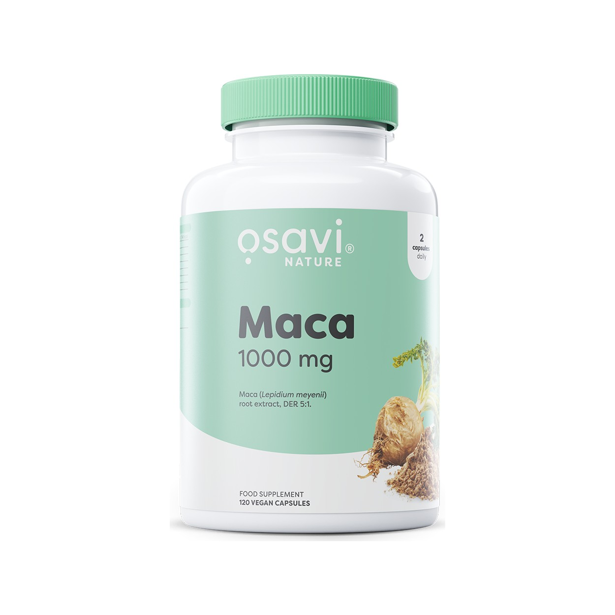 Osavi Maca 1000 mg kosttillskott i vit flaska med grönt lock, 120 kapslar.