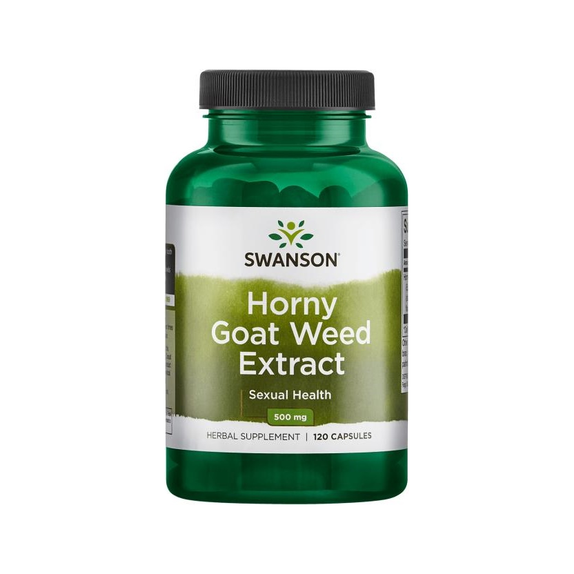 Swanson Horny Goat Weed extraktkapslar i grön flaska med svart lock, 500 mg