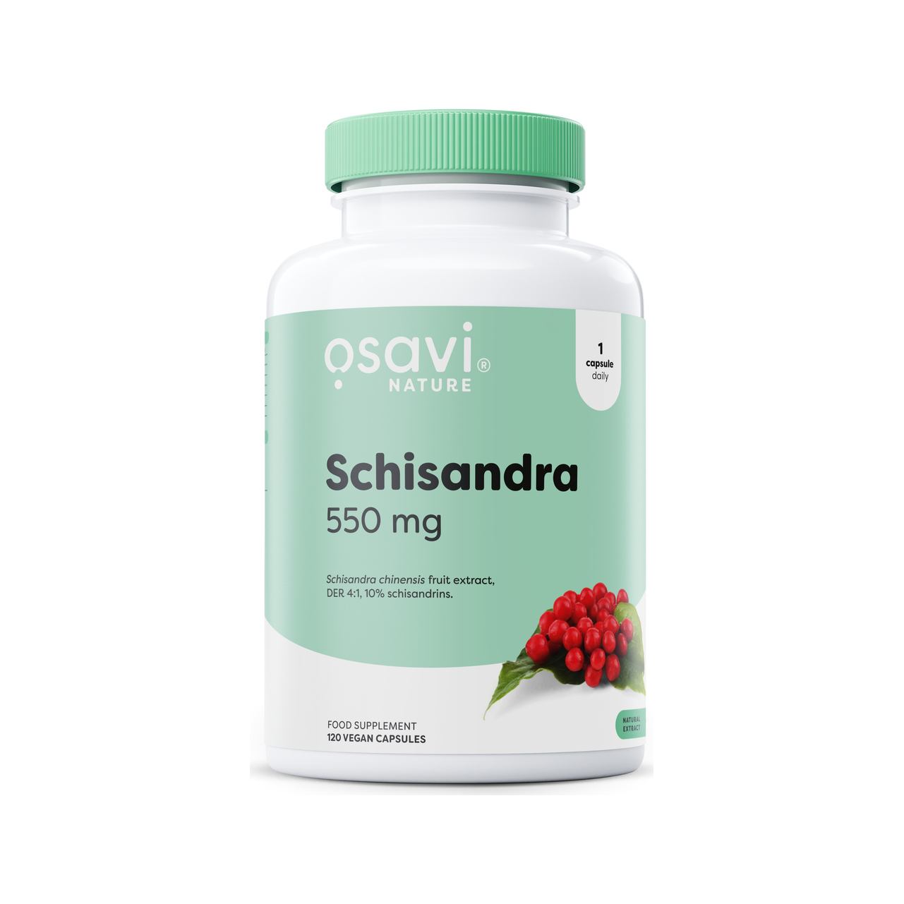 Schisandra 550 mg veganska kapslar i burk med grön etikett och lock
