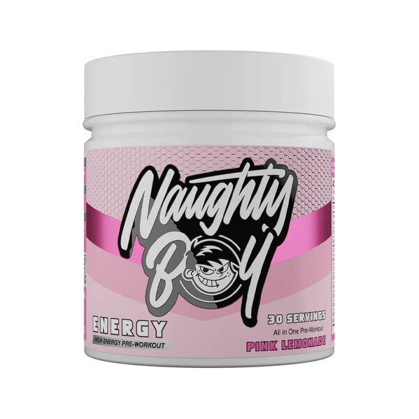 Energipulver i burk med lock, rosa etikett med Naughty Boy Energy.