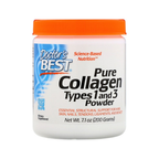 Kollagenpulver i vit burk med orange lock, märkt Doctor's Best Pure Collagen Types 1 och 3