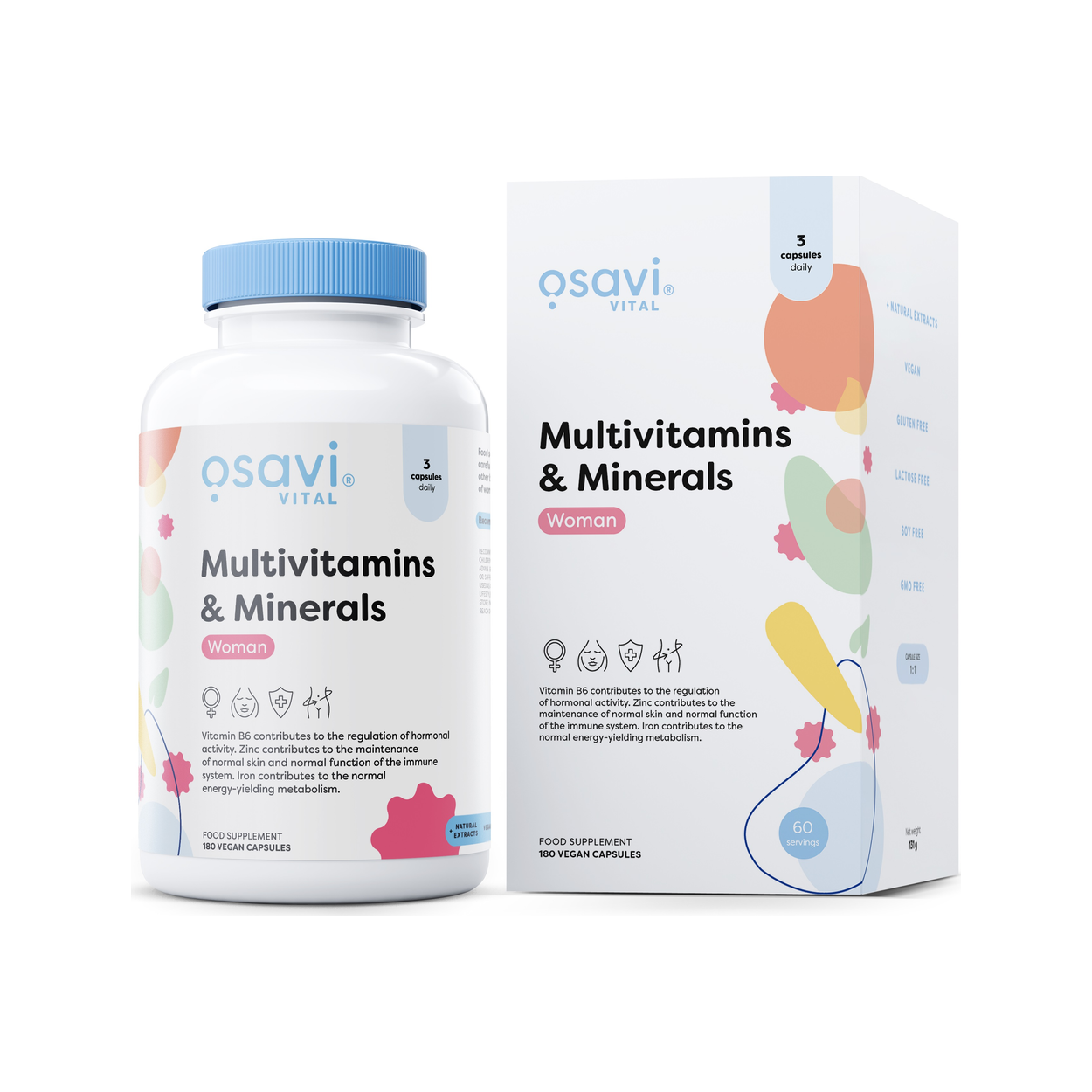 Osavi multivitaminer & mineraler för kvinnor, vit burk med blå lock och kartong.