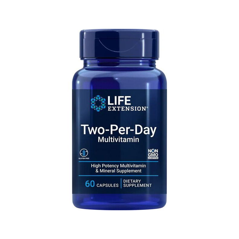 Life Extension Two-Per-Day multivitamin i blå kapselburk, 60 kapslar.