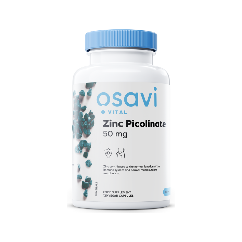 Zinktillskott med Zinc Picolinate 50 mg, Osavi Vital, flaska med blå lock.